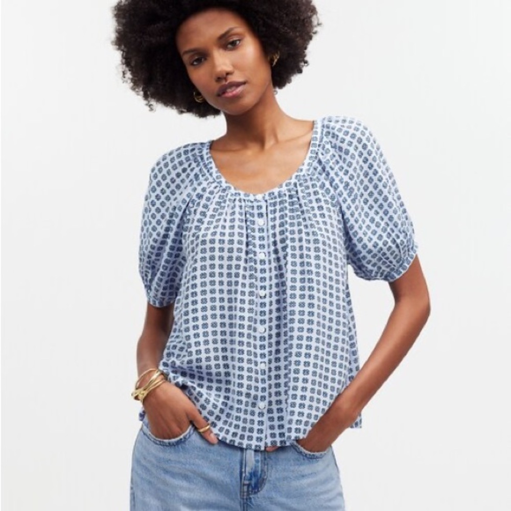 Madewell Puff Sleeve A-Line Top in Floral Blue